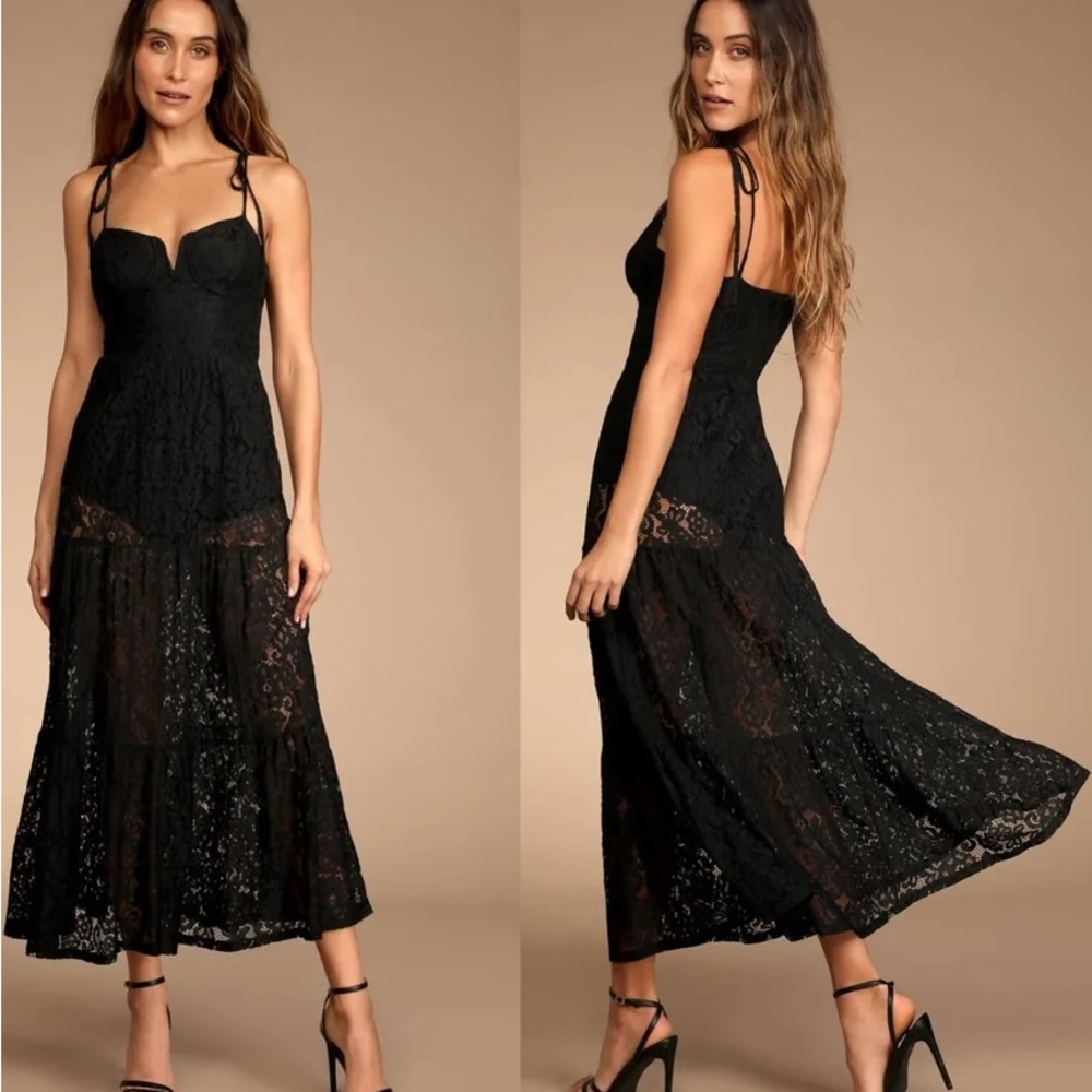 Lulus Black Lace Midi Dress with Tie Straps